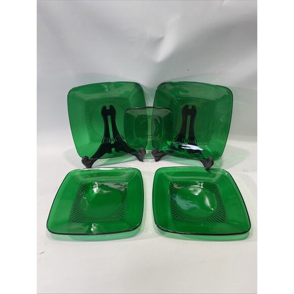 Anchor Hocking Charm Forest Green Set of 5 Saucers USA Fire King 50's Square - Picture 8 of 8